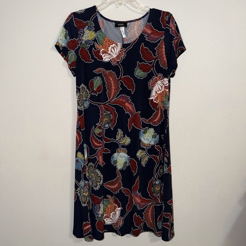MSK Dress Navy Blue Floral‎ Beaded Knee Length Medium Rayon Spandex Pullover